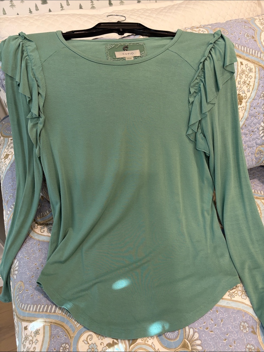 Cupio Teal Ruffle-Shoulder Long Sleeve Top